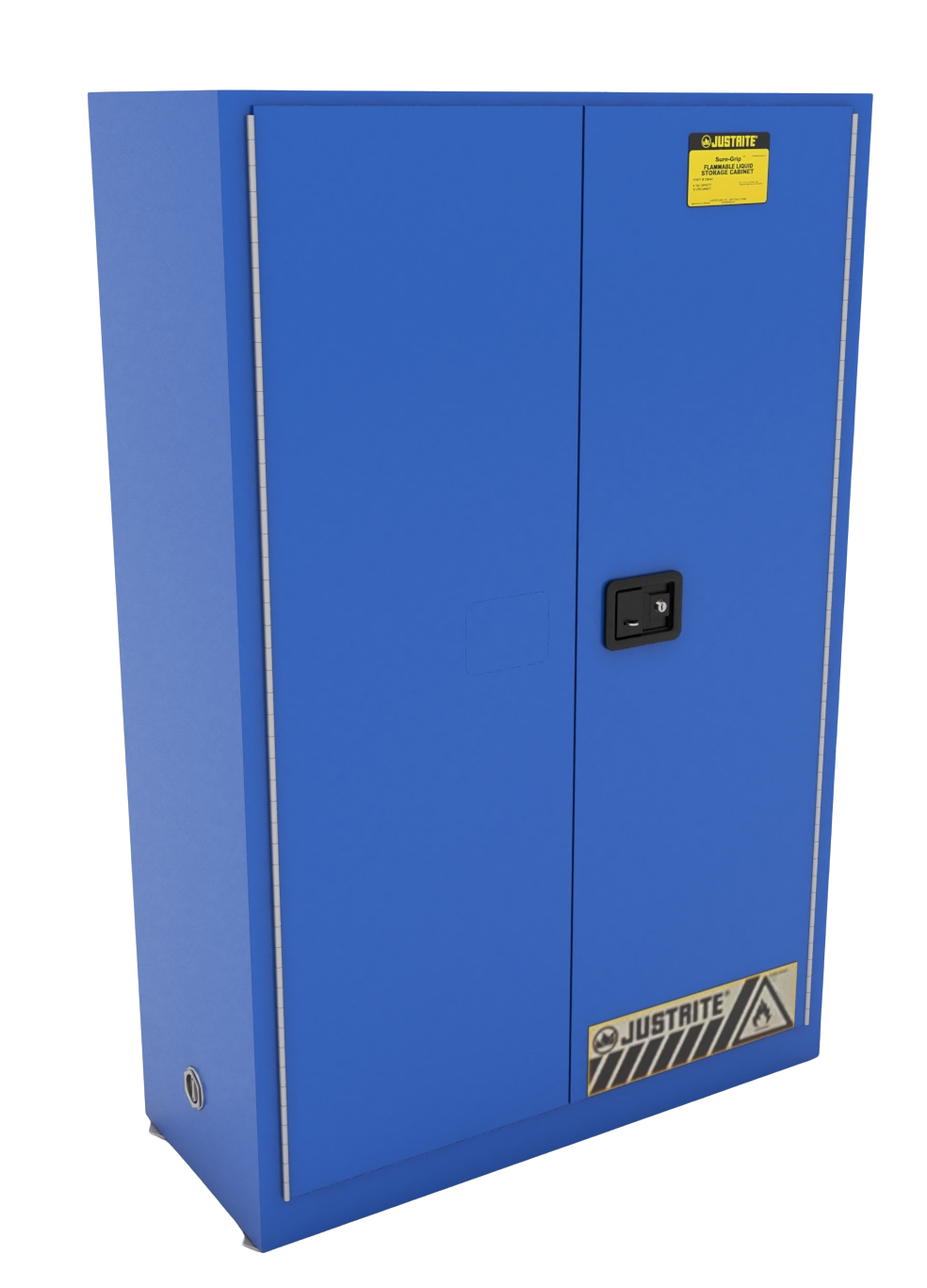 Gabinete de seguridad azul para sustancias corrosivas, con doble puerta, estantes de polietileno y capacidad para 45 galones, cumple normativas OSHA